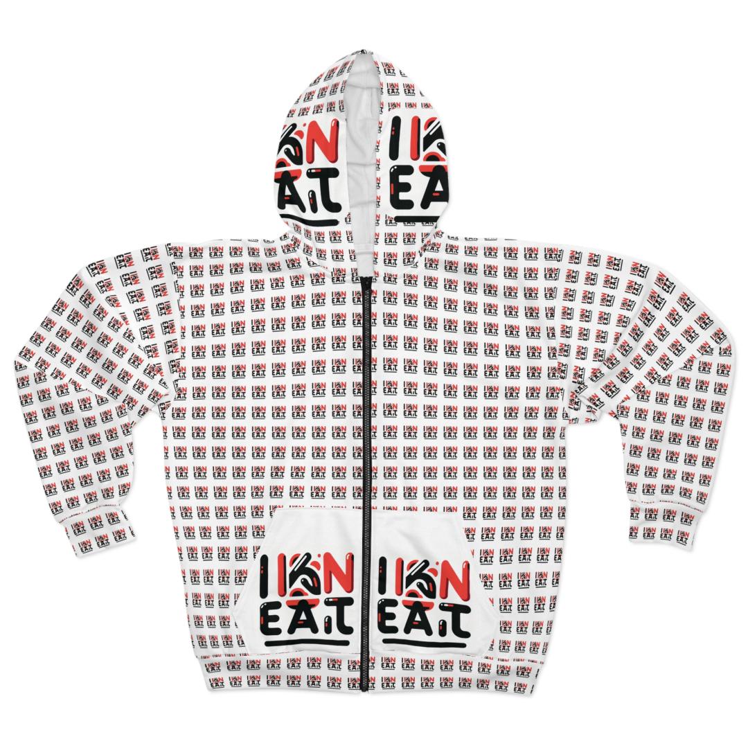 I Kan Eat, White, Cozy Unisex Zip Hoodie With All-over Print, Perfect For Casual Outings, Gifts, Fall Fashion, Everyday Wear, Comfortable Layering